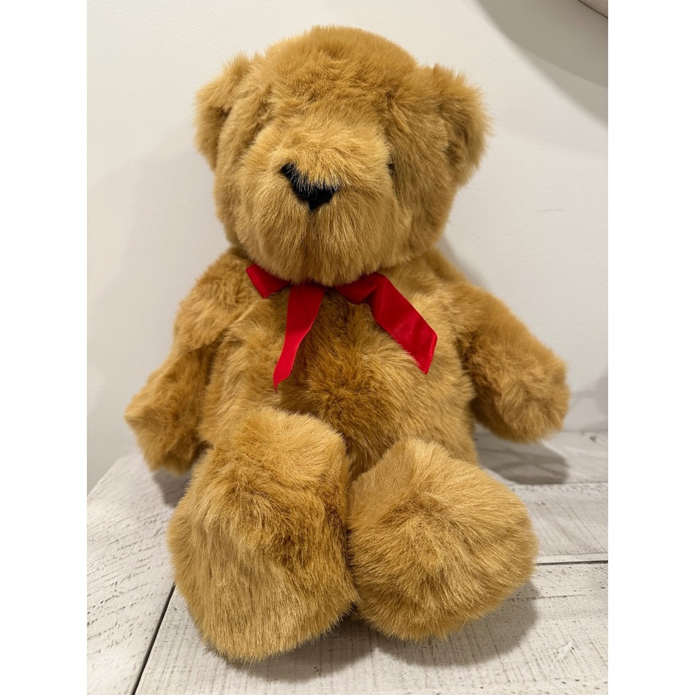 Aurora A&A Plush Teddy Bear Golden Brown Shaggy Faux Fur Red Ribbon 17 Inch